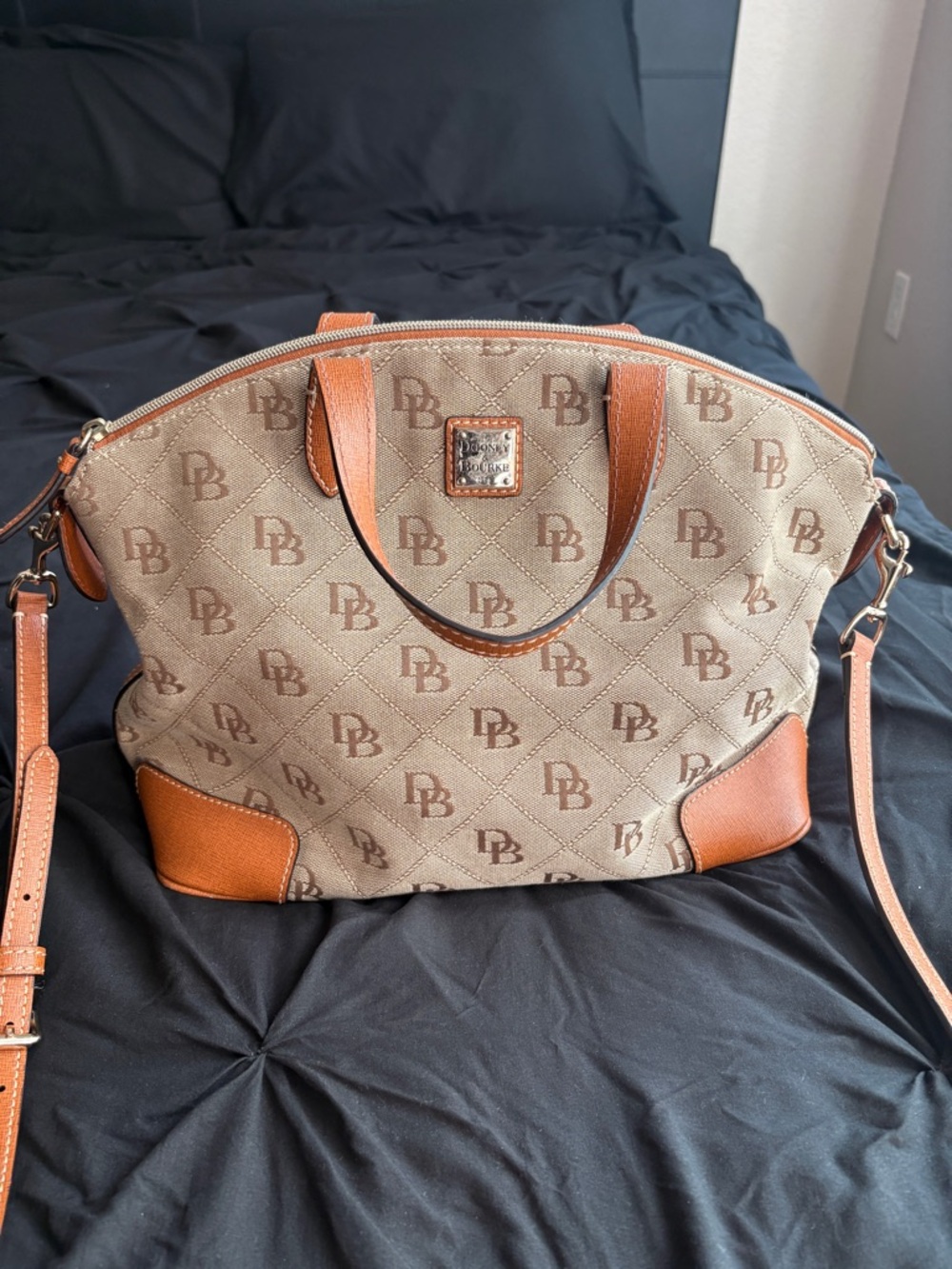 Dooney & Bourke Tan and Brown Logo Satchel with Leather Trim